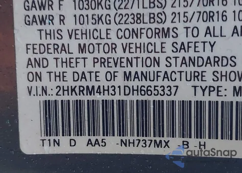 2013 Honda Cr-V Lx z USA, uszkodzony, nr VIN 2HKRM4H31DH665337